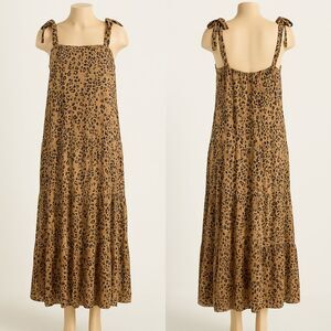 French Grey Leopard Print Tiered Midi Dress with Tie Straps – Size Medium, NWOT